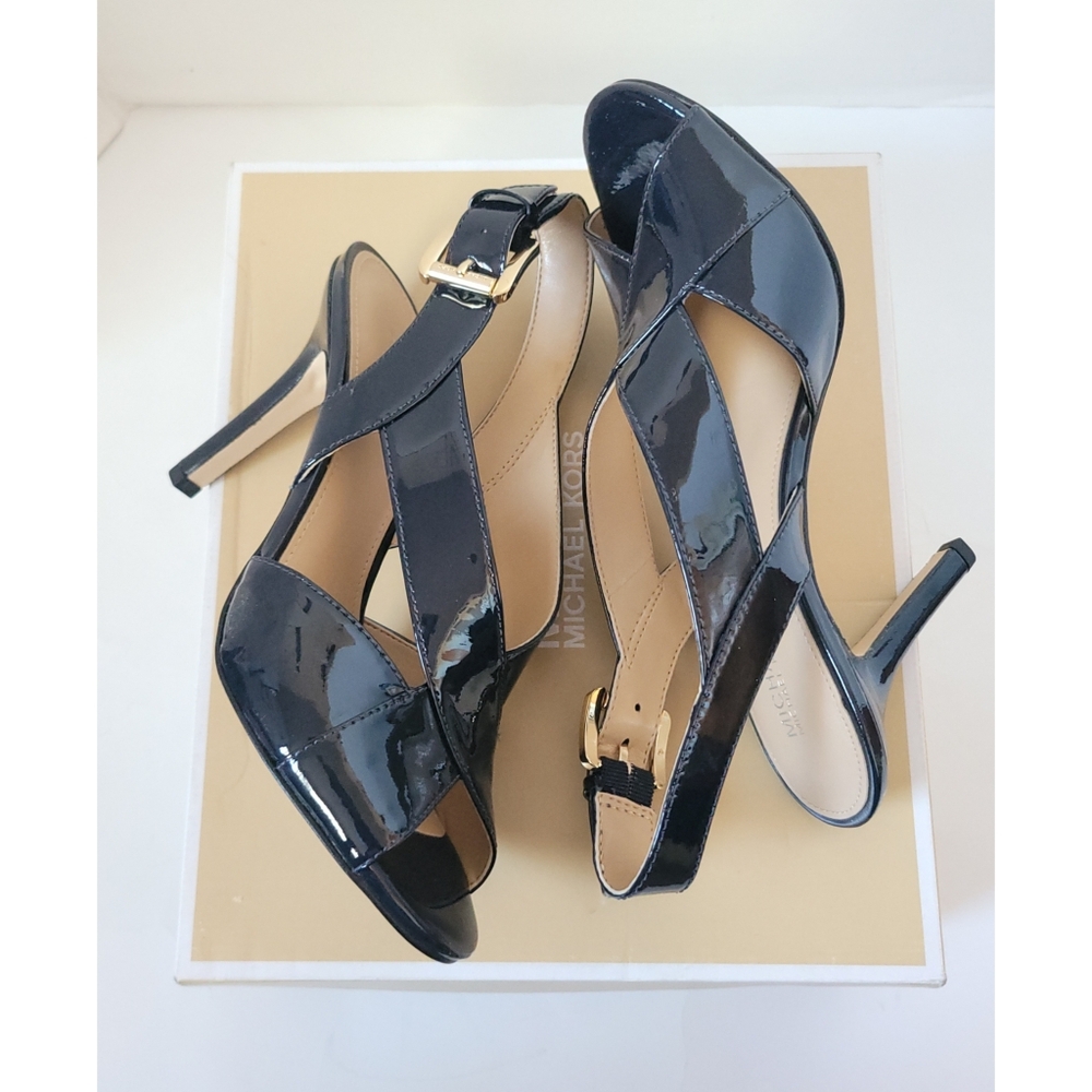 New! MICHAEL KORS Women's Patent Leather Slingback Sandals Size 6 Dark Navy Blue - Picture 4 of 10